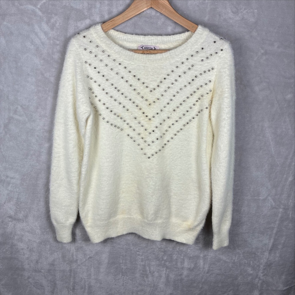 Nanette Nanette Lepore Cream Fuzzy Studded Chevron Sweater Womens Medium